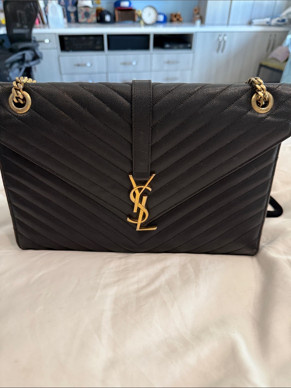 Saint Laurent Black Quilted Leather Shoulder Bag with Gold YSL Hardware